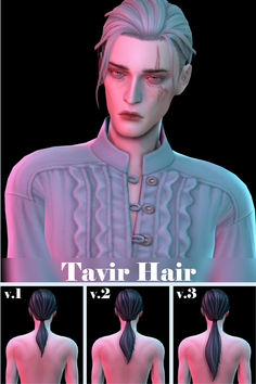 sims 4 male hair cc on a silver haired sim with a collage below showing the back ponytail in three versions