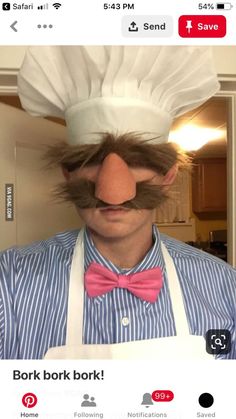 a man with a fake moustache on his head wearing a chef's hat