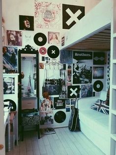 the room is decorated in black and white