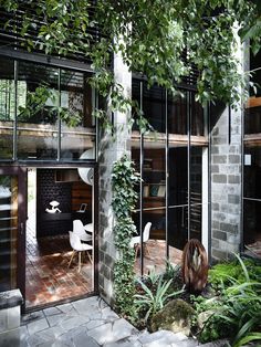 an outdoor living area with glass walls and plants growing on the side of the building