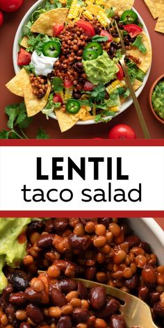 lentil taco salad with black beans and avocado on the side, topped with guacamole