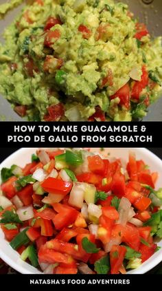 three pictures showing how to make guacamole and pico de gallo from scratch