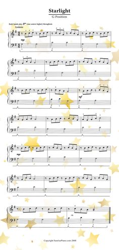 sheet music with gold stars on it and the words starlight written in white ink