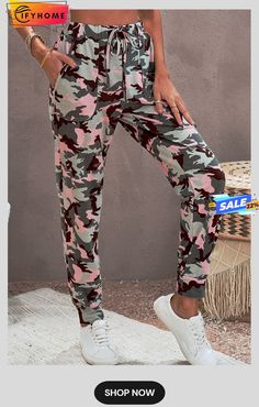 Pink Camouflage Casual Sports Pants Sporty Camouflage Bottoms With Pockets, Casual Stretch Camouflage Cargo Pants, Stretch Camouflage Cargo Pants, Camouflage Loungewear Pants With Pockets, Camouflage Pants With Pockets For Loungewear, Camouflage Lounge Pants With Pockets, Casual Camouflage Trousers, Sporty Camouflage Bottoms For Outdoor, Outdoor Camouflage Bottoms With Elastic Waistband