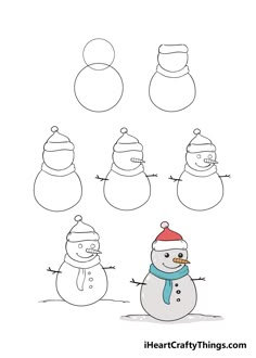 the snowmen are all wearing hats and scarves