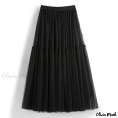 Olivia Mark - High-waisted A-line Maxi Skirt with Flared Hem and Sheer Tulle Layers Elegant Non-stretch Tulle Skirt, Non-stretch Tiered Party Skirt, Non-stretch Tiered Skirt For Party, Black A-line Maxi Skirt For Summer, Non-stretch Evening Skirt For Summer, High Waist Tulle Skirt For Party, Non-stretch Pleated Flared Skirt For Party, Black Tiered Tulle Skirt, Fitted High Waist Tulle Skirt