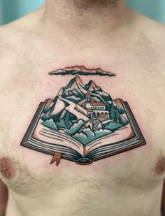 a man with a book tattoo on his chest