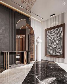 an elegant bathroom with marble counter tops and black wallpaper, along with a chandelier