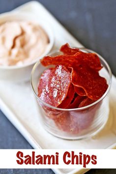 Salami chips served with a dip. Spicy Dip Recipes, Baked Salami, Spicy Sour Cream, Salami Chips, Salami Recipes, Sour Cream Dip, Spicy Dip, Cream Dip, Recipes Baking