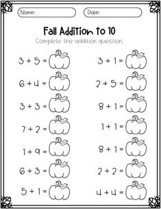 a worksheet for addition to 10 with pumpkins and apples on the top