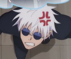 an anime character with white hair and sunglasses