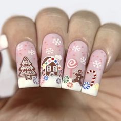 I Love These!! Pastel Christmas Press On Nail Kit In Long. Adorable Gingerbread Accents Christmas Nail Art Easy, December Nails, Holiday Nail Designs, Cute Christmas Nails, Christmas Nails Easy, Christmas Nails Acrylic, Festival Nails