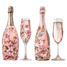 three wine glasses and two champagne bottles with pink flowers painted on them, next to each other