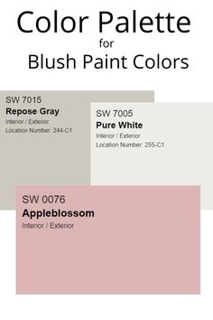 the color palette for blush paint colors is shown in three different shades, including pink and gray