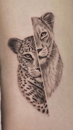 a woman's thigh with a pencil drawing of a leopard and a cheetah on it