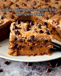 brown butter chocolate chip pumpkin cake on a plate