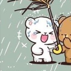 a cartoon bear holding an umbrella in the rain with another bear standing next to it