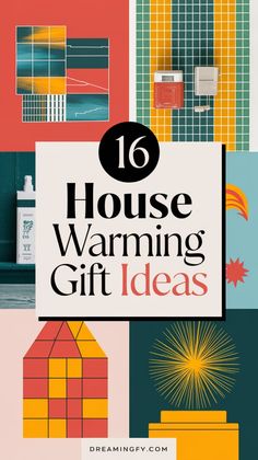 a poster with the words house warming gift ideas in black and white, surrounded by colorful squares