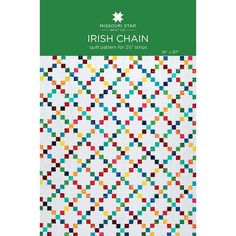 the irish chain quilt pattern is shown in white and multicolored squares on a green background