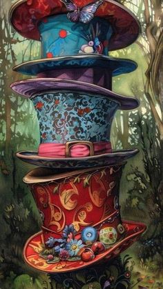 a painting of many hats stacked on top of each other in the middle of a forest