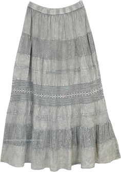 Platinum Maxi Skirt with Crochet and Stonewash Look | Grey | Crochet-Clothing, Stonewash, Lace, XL-Plus, Misses, Maxi Skirt, Solid Hippy Skirt, Casual Lounge Wear, Midi Skirt Outfit, Denim Skirt Outfits, Grey Skirt, Trendy Skirts, Work Skirts, Flowing Dresses, Grey Outfit