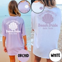 These cute bachelorette shirts will add the perfect personalized touch to your bachelorette trip to the beach. Choose the white shirt for the beach bride design or the orchid shirt for the beach babe design. Please leave all the details for your shirt in the personalization box to complete your order. SHIRT DETAILS Our designs are printed professionally using a high-quality DTG (direct-to-garment) process. During this process, ink is printed directly onto the garment and blends into the fibers of the shirt.  -Shirt Brand: Comfort Colors 1717 -Unisex adult sizing -Print: Direct-to-garment (DTG) -Medium fabric (6.1 oz/yd² (206.8 g/m -Relaxed fit -Sewn-in twill label -100% ring-spun cotton SIZING -check the size chart in the listing photos to select the best size for you -measure your favorit Bride Design, Beach Bachelorette Party, Bachelorette Party Beach, Bachelorette Party Bride, Beach Bachelorette, Bachelorette Trip, Beach Bride, Etsy Bridesmaid Gifts, Bachelorette Shirts