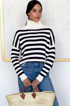 Striped Knit Turtleneck Top, Spring Sweater With Horizontal Stripe Pattern, Knit Long Sleeve Top With Striped Collar, White Long Sleeve Sweater With Horizontal Stripes, Chic White Tops With Horizontal Stripes, Chic White Top With Horizontal Stripes, Chic White Horizontal Stripe Top, Knit Tops With Striped Cuffs For Winter, White Knit Sweater With Horizontal Stripes