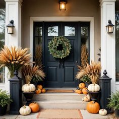 a front door decorated with pumpkins and grass