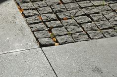 the sidewalk is lined with gray rocks and grass growing in between it's cracks