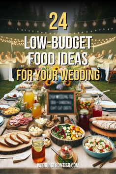 a table full of food with the words 24 low - budget food ideas for your wedding