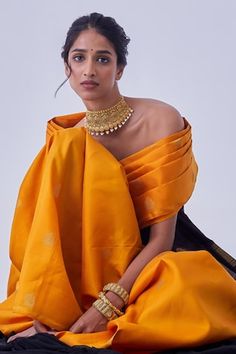 Mustard saree with peacock, stripe woven motifs and tassel border. Comes with unstitched blouse piece. - Aza Fashions Tilla Pre-draped Saree With Traditional Drape For Puja, Pre-draped Saree With Tilla For Puja, Traditional Drape Pre-draped Saree With Tilla For Puja, Traditional Chanderi Blouse Piece With Tilla, Diwali Chanderi Blouse Piece With Tilla, Elegant Tilla Blouse Piece For Festivals, Elegant Festive Blouse Piece With Tilla Details, Elegant Pre-draped Saree For Festivals With Tilla, Elegant Designer Saree With Tilla