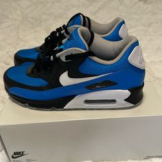 Excellent Used Condition. Men’s Nike Air Max Size 8 Blue/Black/White. Customized From Nike Website Blue Nike Air Max Lace-up For Sports, Dynamic Blue Sneakers With Boost Midsole, Blue Dynamic Lace-up Custom Sneakers, Blue Jogging Sneakers With Abzorb Midsole, Blue High-top Leather Running Shoes, Dynamic Blue High-top Custom Sneakers, Blue Leather High-top Running Shoes, Dynamic Blue Running Shoes For Streetwear, Blue Nike Air Max For Streetwear