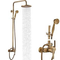 the shower head and handset are shown with water running from it's spout