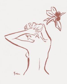 a drawing of a woman holding a flower in her hand and looking at the sky