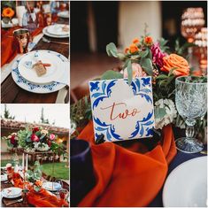 the table is set with plates, napkins and place cards for guests to eat