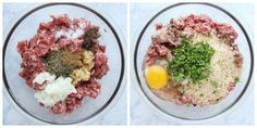 two bowls containing meat, eggs and seasoning on top of each other in different stages of mixing