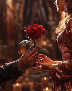 a man handing a rose to a woman