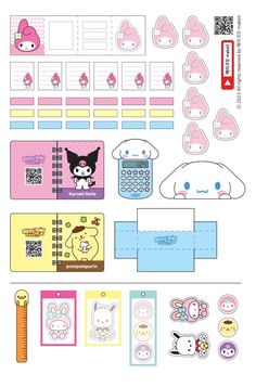 an assortment of stickers and papers with hello kitty on the front, in pastel colors