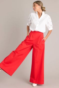 Get your sweet fashion fix with our Sweet Taste Cherry Red Wide Leg Pants! These pants will have you looking and feeling fresh with their bold cherry red color and wide leg design. Perfect for a fun and flirty look, these pants are a must-have for any fashion-forward individual. These pants feature a high waisted design, an elastic insert, a discrete side zipper, subtle pleats, functional hip pockets, faux back pockets, and a thick hemline. Red Palazzo Pants Outfit, Red Inspiration, Red Wide Leg Pants, Winter Palette, Linen Pants Outfit, Birthday Cocktails, Wide Leg Pants Outfit, Cherry Red Color, Red Trousers