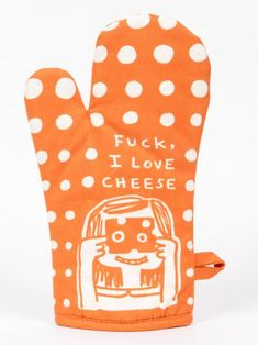 an orange oven mitt with white polka dots on it that says, i love cheese