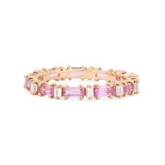 We fused modern baguette cuts to create this 14K gold precious eternity band. Baguette-cut pink sapphires (1.60 ct) are set closely together with baguette-style white diamonds (0.35 ct), allowing maximum visibility for each sapphire and diamond. Pink Wedding Band, Pink Sapphire Wedding Band, Baguette Eternity Band, Pink Sapphire Band, Pink Sapphire Jewelry, Pink Wedding Rings, Pink Topaz Ring, Sapphire Wedding Band, Sapphire Band