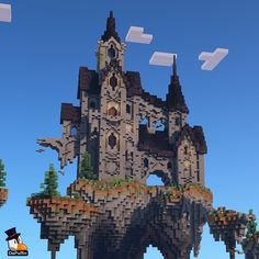 an image of a castle made out of legos in the sky with trees and rocks