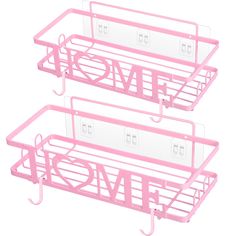 two pink metal shelfs with the word mom written on them and an umbrella hook