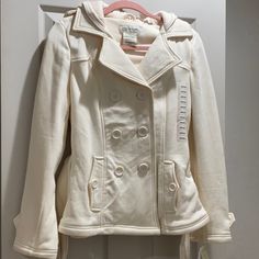 Cute Jacket W/Hoodie. Nwt Casual White Pea Coat For Winter, White Casual Pea Coat For Spring, Casual Hooded Pea Coat For Spring, Casual Cream Pea Coat For Winter, Cream Long Sleeve Pea Coat For Spring, Cute Jackets, Jones New York, Coats Jackets, Jackets & Coats