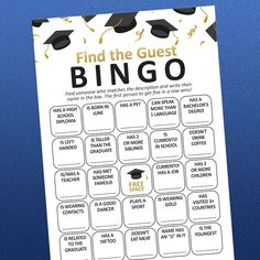 a white and black printable game with graduation caps on it that says find the guest bingo