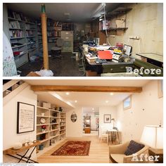 before and after photos of a living room with bookshelves, desks, and chairs