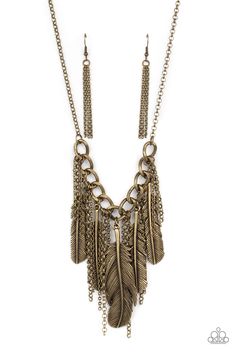 Infused with lifelike textures, an oversized assortment of brass feathers alternate with free-falling brass chains along a chunky section of brass chain, creating a free-spirited fringe. Features an adjustable clasp closure.

 Sold as one individual necklace. Includes one pair of matching earrings. Forever Necklace, Free Falling, Brass Necklace, Paparazzi Accessories, Paparazzi Jewelry, Free Spirited, Short Necklace, Brass Chain, Boutique Jewelry