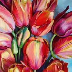 a painting of red and yellow tulips on a blue background