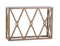 a wooden shelf with geometric designs on the top and bottom, against a white background