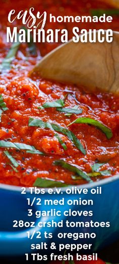 the recipe for homemade marinara sauce is shown in a blue bowl with a wooden spoon